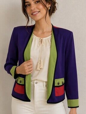 VTG LUCIA 1980s Colorful Long Sleeve Open Front Color Block Blazer